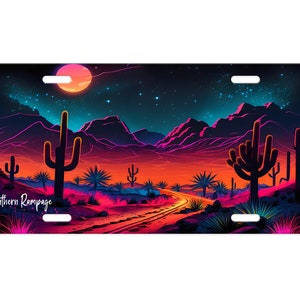 May include: A vibrant desert landscape with a starry night sky, a full moon, and a road leading through the scene. The mountains are a mix of pink, purple, and blue, and the cacti are silhouetted against the sky. The text "Southern Rampage" is visible at the bottom left of the image.