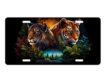Tiger Pair Vanity Front License Plate, Aluminum License Plate Car Accessory Decorative Front Plate
