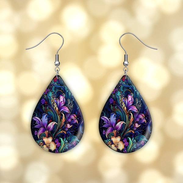 New Release Floral Bioluminescence Print Earrings Print Tear Drop Wood Dangle Earrings Hypoallergenic Jewelry