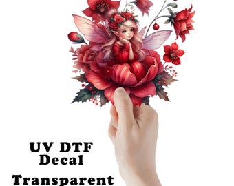 Red Christmas Fairy in Flower Clear Sticker / Decal UV DTF Sticker Transparent Choose Size