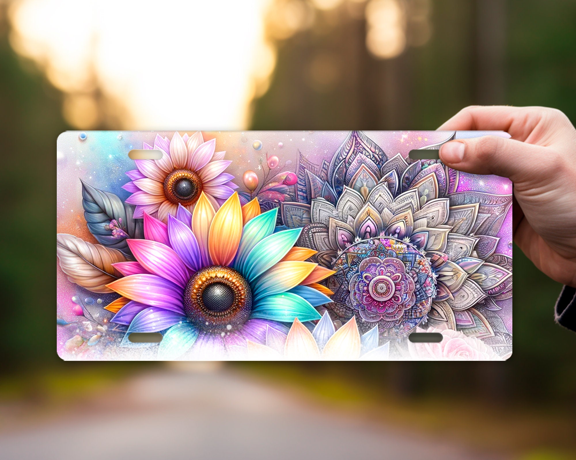 Vanity Front License Plate, Mandala and Sunflowers Aluminum Vanity