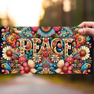 May include: A license plate featuring the word "PEACE" in a colorful, floral design. The plate has a dark background and is adorned with flowers in shades of pink, orange, yellow, and blue. The word "PEACE" is in a decorative font.