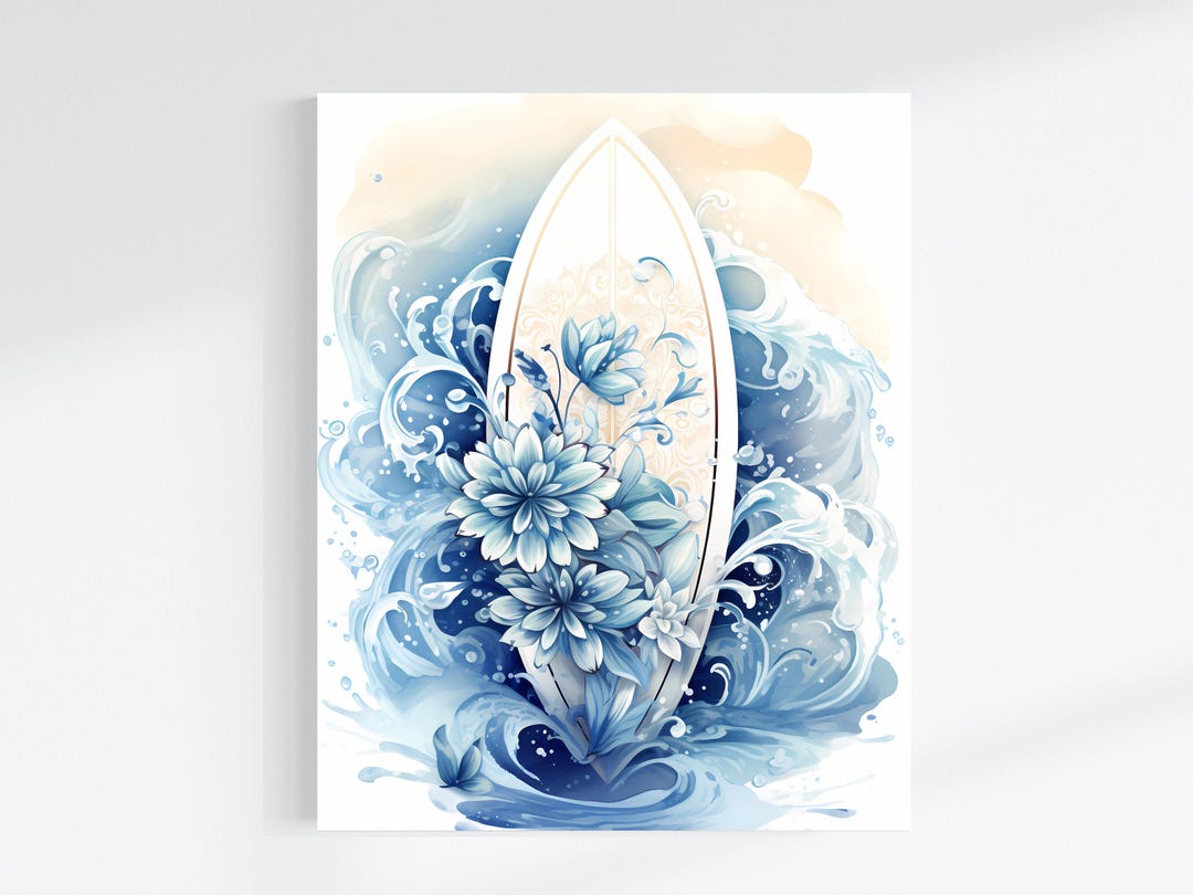 16x20 Blue Floral Surf Board Coastal Wall Art Canvas Print - Etsy