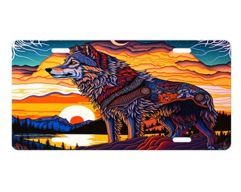 Sunset Wolf Vanity Decorative Front License Plate - Cute Car License Plate Made in the USA - Aluminum Metal Plate - Front Plate for Car