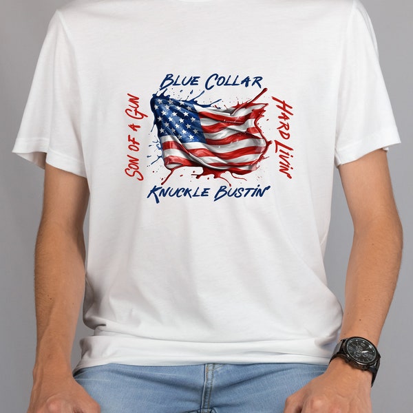 New Release, Blue Collar American Flag T Shirt, Tshirt, Graphic T's  100% Cotton Black White or Gray, Tee,