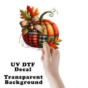 May include: A colorful pumpkin decal with a patchwork design, adorned with fall leaves, a bow, and an acorn. The pumpkin features a variety of patterns and colors, including orange, red, green, and brown. The text "UV DTF Decal Transparent Background" is visible.