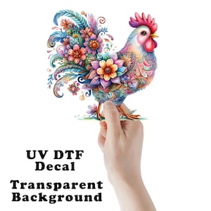 May include: A colorful rooster decal with a floral design. The rooster is depicted in a standing position with its head turned to the side. The decal has a transparent background.