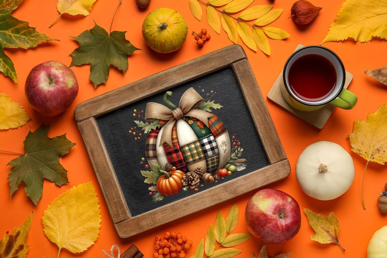 May include: A chalkboard with a pumpkin design, surrounded by fall foliage, apples, and a cup of tea. The pumpkin is decorated with a patchwork pattern in red, green, and white. The background is orange.