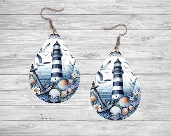 May include: A pair of teardrop-shaped earrings with a nautical theme. The earrings feature a lighthouse with black and white stripes, an anchor, seashells, and seagulls against a blue ocean background.