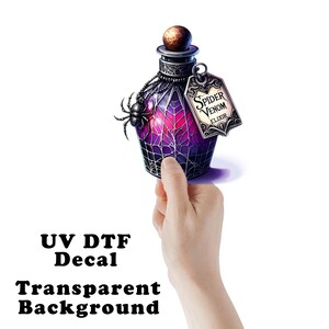 May include: A purple and black glass bottle with a spider on the side and a tag that reads "Spider Venom Elixir". The bottle is being held by a hand against a white background.