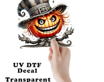 Pumpkin in Gray and Black Witch Hat Halloween Clear Sticker / Decal UV DTF Sticker Transparent Choose Size