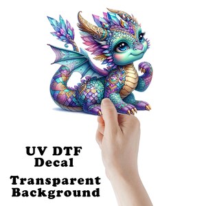 May include: A colorful, detailed, cartoon dragon decal with a transparent background. The dragon is blue, purple, and gold with crystal-like accents. The decal is perfect for adding a whimsical touch to any surface.