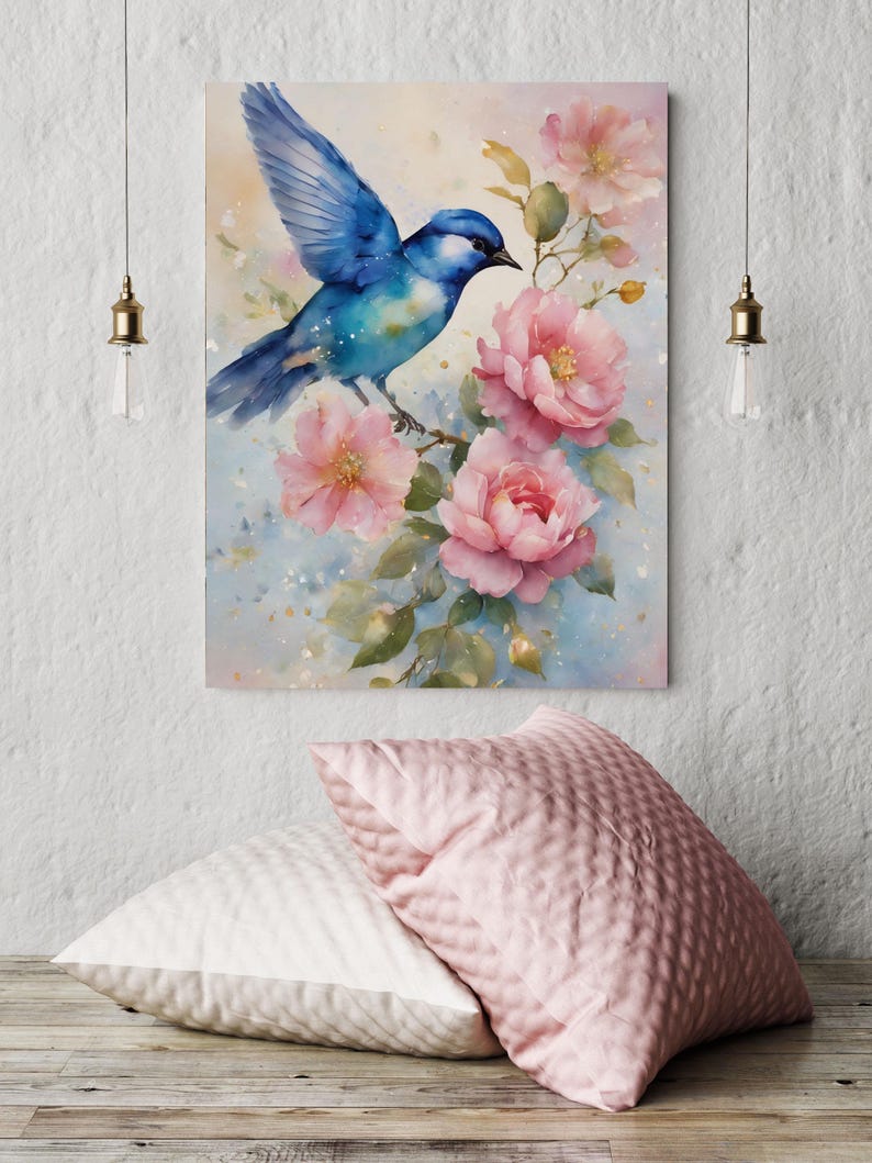 16x20 Blue Bird and Pink Flowers Wall Art Canvas Print - Etsy