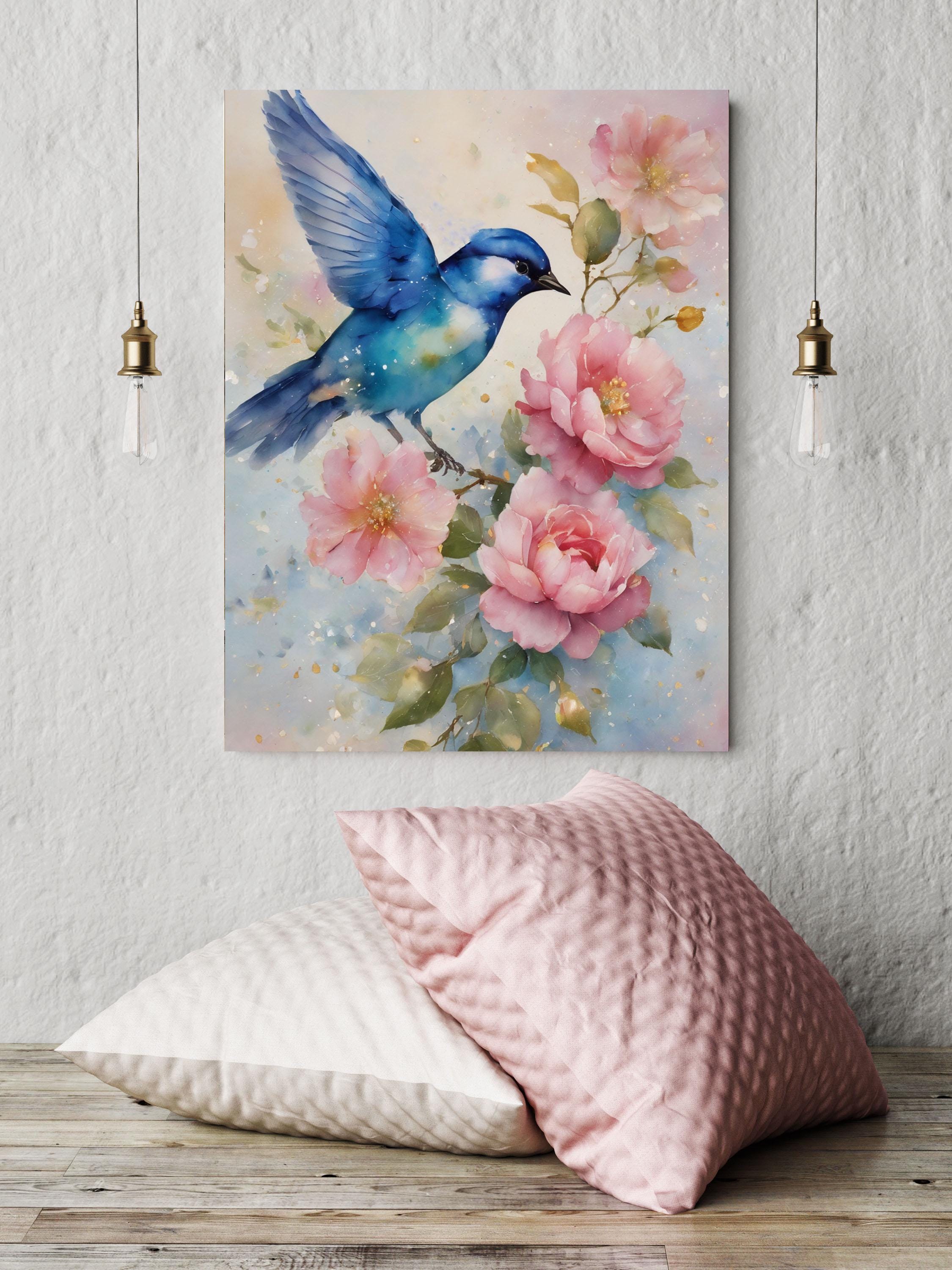16x20 Blue Bird and Pink Flowers Wall Art Canvas Print - Etsy