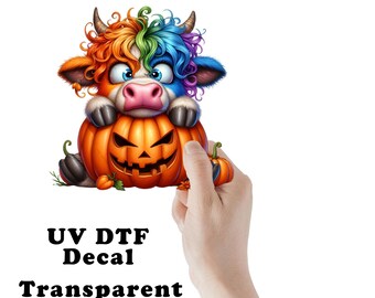 Halloween Rainbow Cow and Pumpkin Clear Sticker / Decal UV DTF Sticker Transparent Choose Size