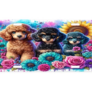 Poodles and Flowers Vanity Front License Plate, Aluminum License Plate Car Accessory Front Plate