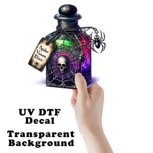 May include: A decorative bottle with a skull and spiderweb design, labeled "Spider Venom Elixir." The bottle is adorned with a spider charm and a decorative stopper. The text "UV DTF Decal" and "Transparent Background" are also visible.
