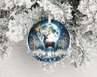 Christmas Ornament, Full Moon Christmas Deer Ceramic Christmas Ornament, Christmas Decorations