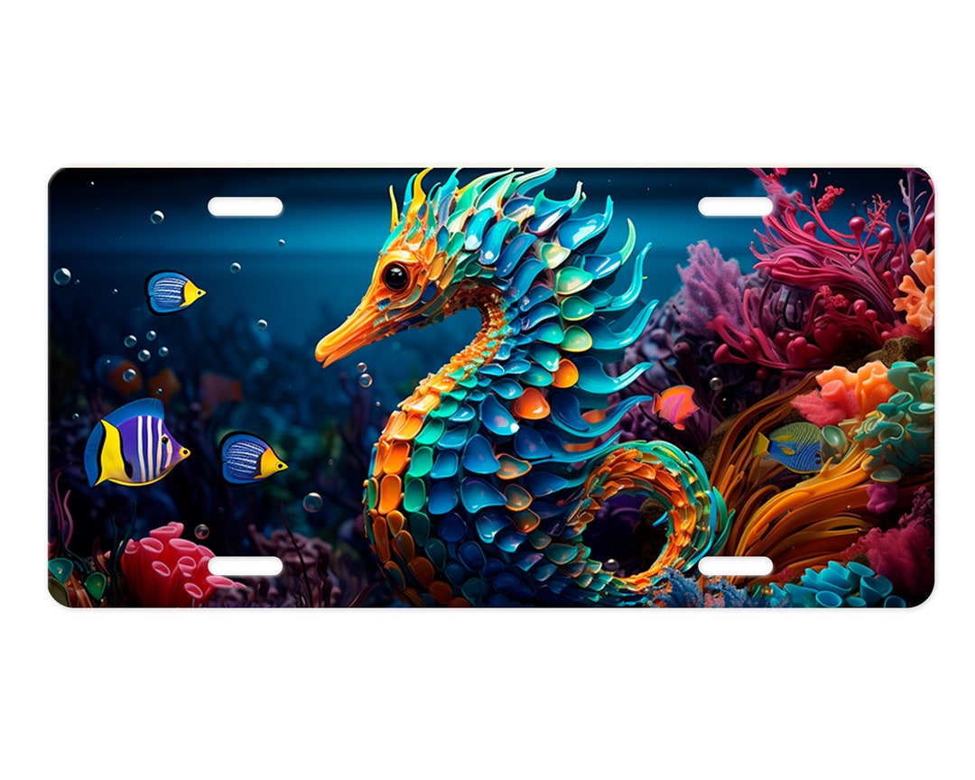 Beach Vanity Front License Plate Blue Orange Seahorse Aluminum Vanity