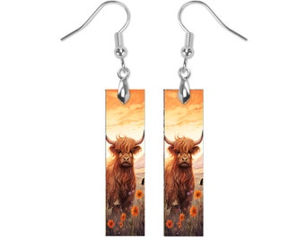 New Release, Sunset Highland Cow Earrings, Printed Wood Dangle Earrings Hypoallergenic Jewelry Handmade