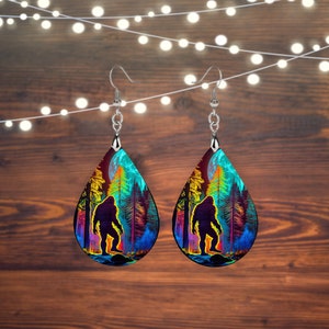 Full Moon Bigfoot Earrings Print Tear Drop Wood Dangle Earrings Hypoallergenic Jewelry