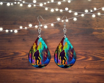 Full Moon Bigfoot Earrings Print Tear Drop Wood Dangle Earrings Hypoallergenic Jewelry