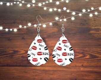 XOXO Lips Earrings Print Tear Drop Wood Dangle Earrings Hypoallergenic Jewelry, Valentine's Day