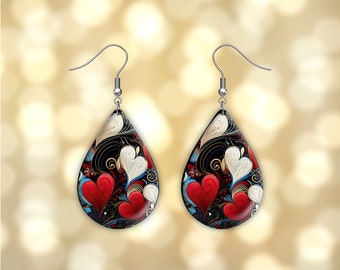 Abstract Heart Earrings Print Tear Drop Wood Dangle Earrings Hypoallergenic Jewelry, Valentine's Day