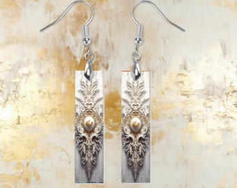 New Release, White Rococo Earrings, Printed Wood Dangle Earrings Hypoallergenic Jewelry Handmade
