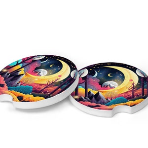 Set of 2 Celestial Forest Moon Sandstone Car Coasters