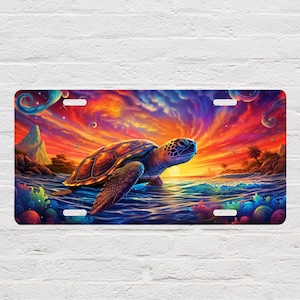 May include: A colorful, abstract painting of a sea turtle swimming in the ocean at sunset. The turtle is brown and green with a bright orange sunset in the background. The ocean is blue and green with swirls of color.