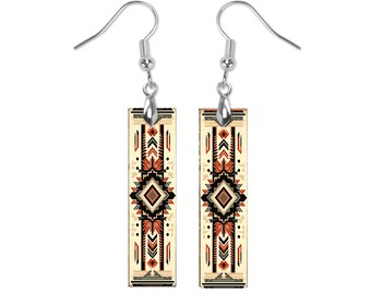 New Release, Tribal Southwest Earrings, Printed Wood Dangle Earrings Hypoallergenic Jewelry Handmade