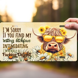 Vanity Front License Plate, I'm an F***ing Delight Highland Cow  Aluminum License Plate Car Accessory Decorative Front Plate