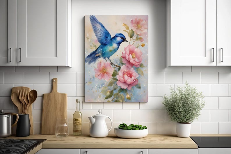 16x20 Blue Bird and Pink Flowers Wall Art Canvas Print - Etsy