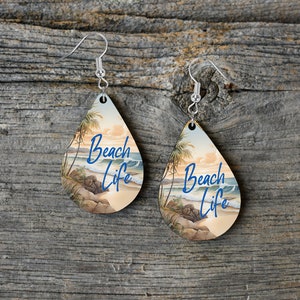 Beach Earrings, Beach Life Coastal Print Tear Drop Wood Dangle Earrings Hypoallergenic Jewelry