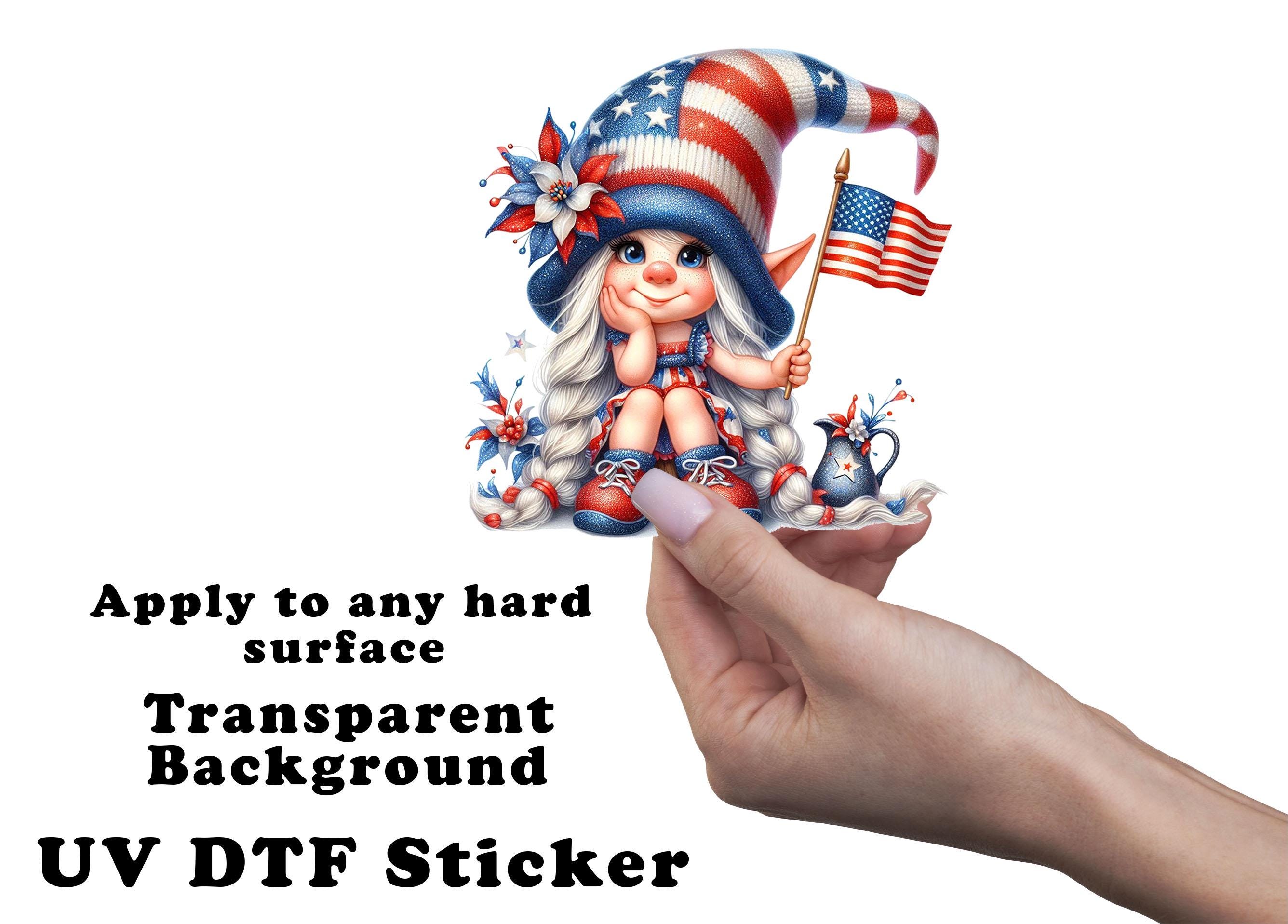 4th of July Gnome Girl with Flag Clear Sticker / Decal UV DTF Sticker Transparent Choose Size