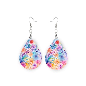 Pretty Floral Print Earrings Tear Drop Wood Dangle Earrings Hypoallergenic Jewelry
