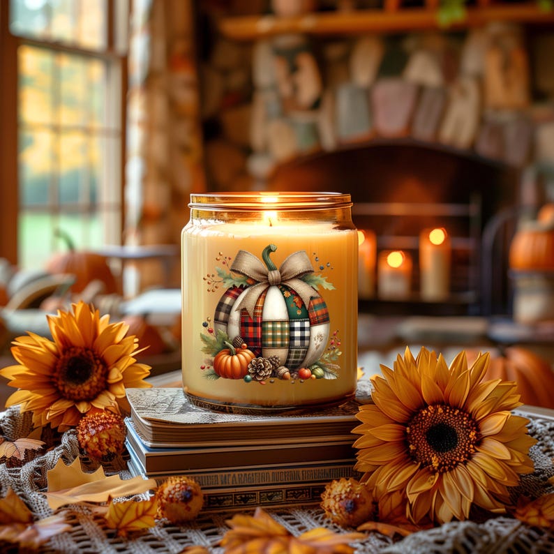 May include: A lit candle in a glass jar with a pumpkin design. The pumpkin is decorated with a plaid pattern and a bow. The candle sits on a stack of books, surrounded by sunflowers and fall decor.