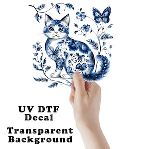 Blue Pattern Cat Clear Sticker / Decal UV DTF Sticker Transparent Choose Size