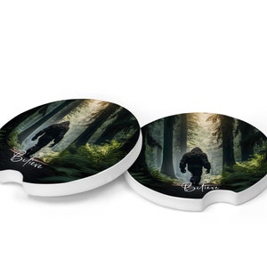 Set of 2 Bigfoot in Forest Believe Sandstone Car Coasters