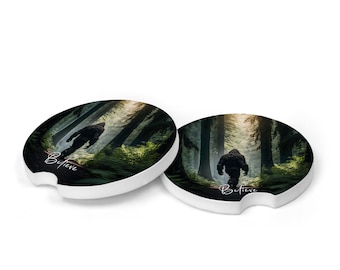 Set of 2 Bigfoot in Forest Believe Sandstone Car Coasters