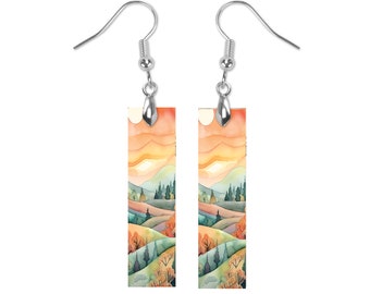 New Release, Watercolor Foothills Earrings, Printed Wood Dangle Earrings Hypoallergenic Jewelry Handmade