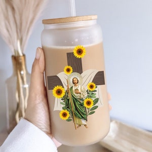 San Judas Tadeo Glass Tumbler, Religious Gift, Saint Tumbler, Catholic Gifts, Regalo Para Mama, Iced Coffee Cup, Religious Cup, Hispanic Cup