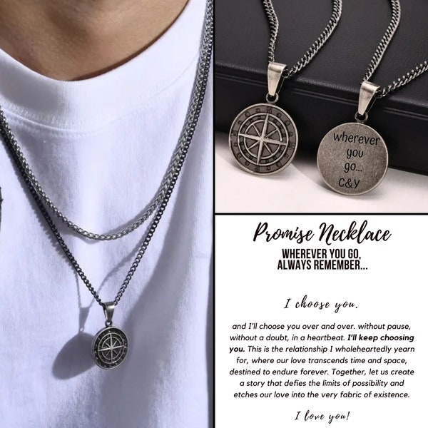 Personalized Engraved Compass Promise Necklace Gift For Him Anniversary Christmas Birthday Valentines Gift for Boyfriend Husband Fiance