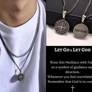 Mens Engraved Compass Necklace Let God Christian Gift for Him, Custom Necklace for Husband Boyfriend Son, Birthday/Christmas Gift for Him