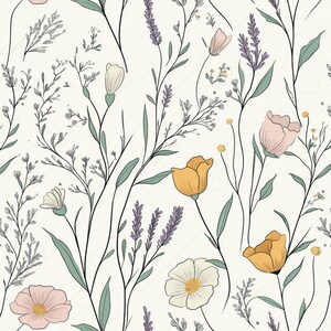 Botanisches Nahtloses Muster Kalifornischer Mohn Lavendel Zweige Salbeigrünes Laub Rapportmuster Frühlingsmuster Gedämpfte Pastelltöne 12