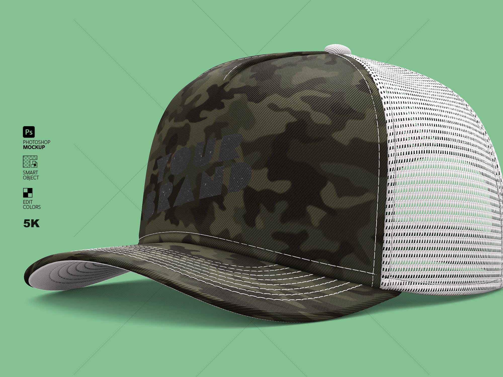 Angled Cap 5-panel Trucker Hat Mockup | Angled Cap Photoshop Template | Realistic ...