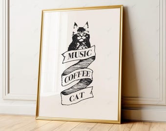 Impresión de café con música de gato, ilustración felina en blanco y negro (descarga digital) 47