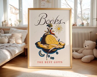 Ilustración de lectura de libros infantiles, arte mural vintage para habitación infantil, lámina literaria de Edward Wilson, Art Déco Digital 049