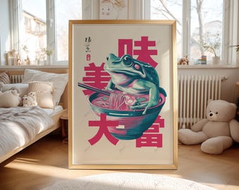 Arte de ramen con rana rosa y verde azulado, impresión digital de tazón de fideos japoneses, decoración de pared de cocina caprichosa para amantes de la comida 036